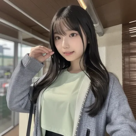 Single young Japanese woman with long dark hair ,  wearing a casual black jacket at the office, She is standing confidently in a well-lit area, Big Breasts、Realistic Settings. 彼女teethシーンで唯一の人です, There are no other figures or distractions. 彼女teeth豊満な体型で楽しそう...