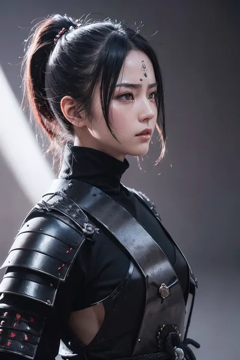 ((super-real photography: 1.5)), whole body, Assassin Girl, beautiful face, Super cute, well-balanced face, devil pupils, black hair, short ponytail, (slender body), ((black japanese samurai armor: 1.3)), classic japanese armor, mysterious, cinema, (real m...