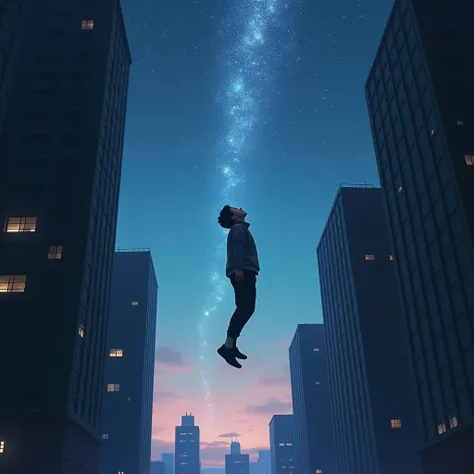 •	Foreground: Kim is suspended mid-air, caught between two towering buildings, eyes wide in wonder as he looks up at the celestial phenomenon. His body is in motion, caught in the middle of a leap, but his attention is completely on the river of stars abov...