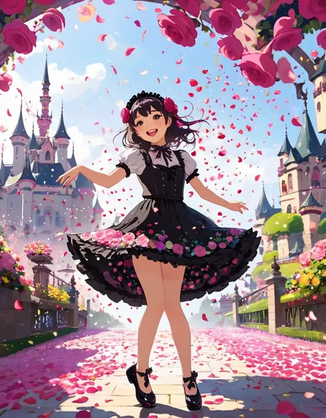 Rain of petals, petals dancing in the wind, rose flower. Adorable and cute girl, short gothic lolita outfit, twirling happily, lifting skirt hem with hand, laughing happily, partially visible panties, vibrant colors, Shangri-La setting, fairy tale, castle ...