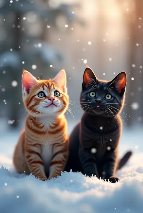 
**Two adorable cats, one tabby and one black, are ecstatic with joy as they gaze at the fresh snowfall on Christmas Day. The snow is falling softly, creating a magical winter wonderland scene. The cats are positioned in the middle of the image, their eyes...