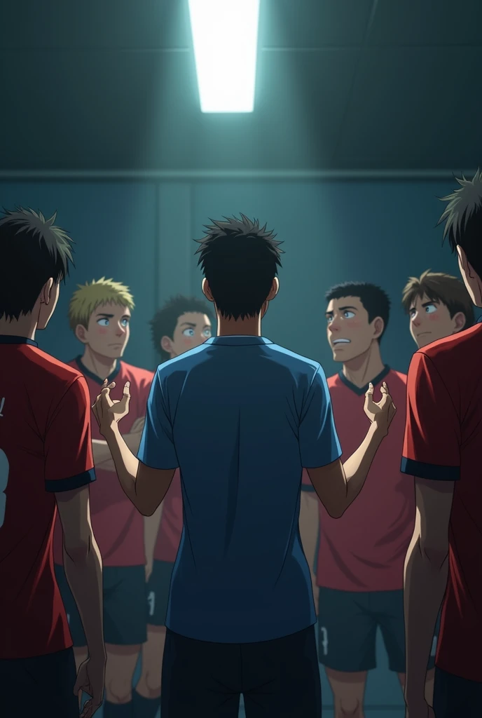 Create an image in the style of Makoto Shinkai A scene of a soccer match where the coach is giving a pep talk to the team at halftime, and the team members are fired up to face the second half of the match with determination