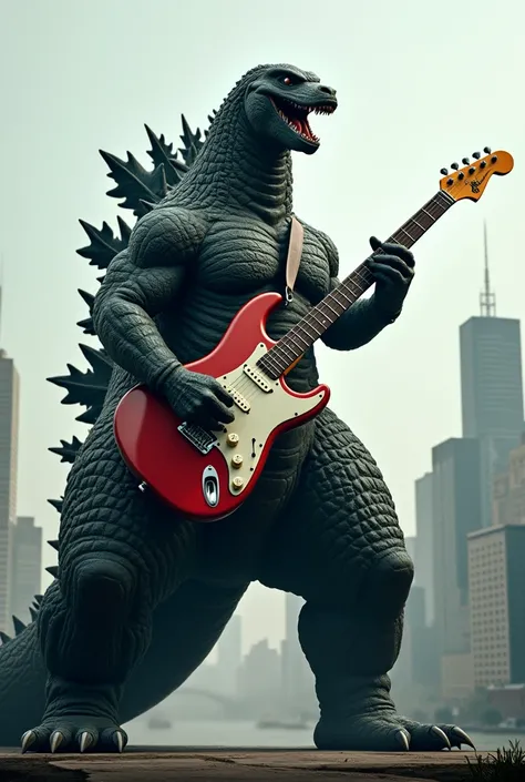 Create an image of Godzilla playing the guitar 
