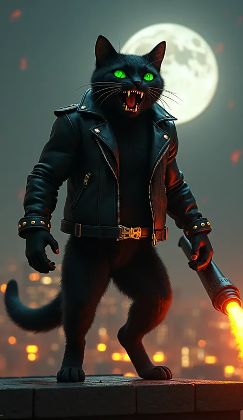 In cinematic 3D style ,HD image, realistic image ,colourful image and 3D rendering.
Action.A Muscular black cat with green eyes and sharp teeth, standing on a rooftop with a full moon in the background. Muscular big black cat is wearing a black leather jac...