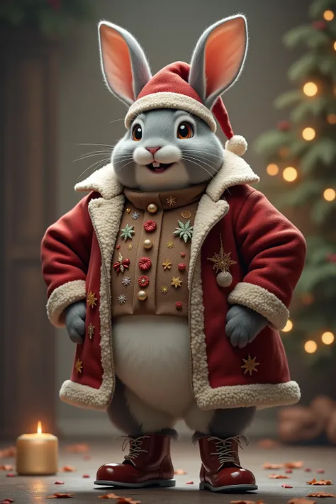 photorealistic portrait of Dressed animals - a ((fat)) (gray rabbit) performer,(Art by Anna Dittmann:1.2),(Christmas theme),(cute),(happy smile:1.2), (elegant),(hands on hips:1.5), high quality,(lovely) ,(intricate detailed Christmas motif accessories:1.5)...