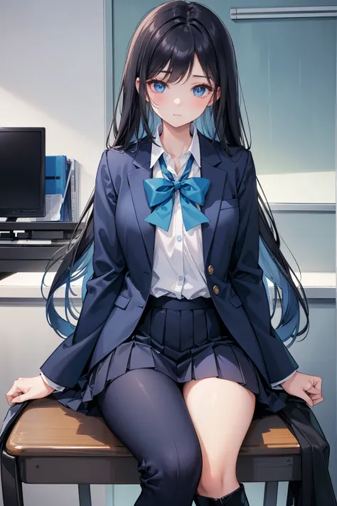 A high school student ， Has long, dark hair ， with warm blue eyes  ， Wore a fresh blue suit and black boots，  pure white collar and bright green bow 。  has long dark hair and warm blue eyes ， sitting in a chair 。