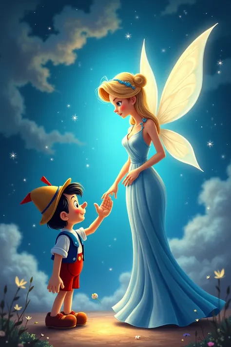 Create an illustration of candor that includes Pinocchio and the blue fairy for a mural 