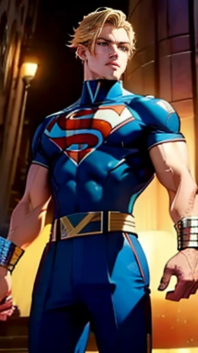 (High-definition CG), (  best quality),     is a superhero and has a beautiful body,   hero costume   ,  Handsome and good-looking young man  ,       Slim and Muscular      , My skin is brown  ,   blonde alone, Frivolous