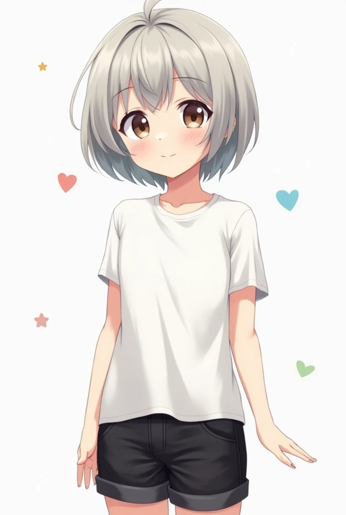 Beautiful, cute anime girl, short hair in light gray, wearing short black pants, wearing a white t-shirt, slightly open