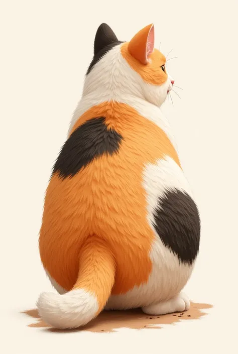 A cute and unique illustration of a fat calico cat from behind