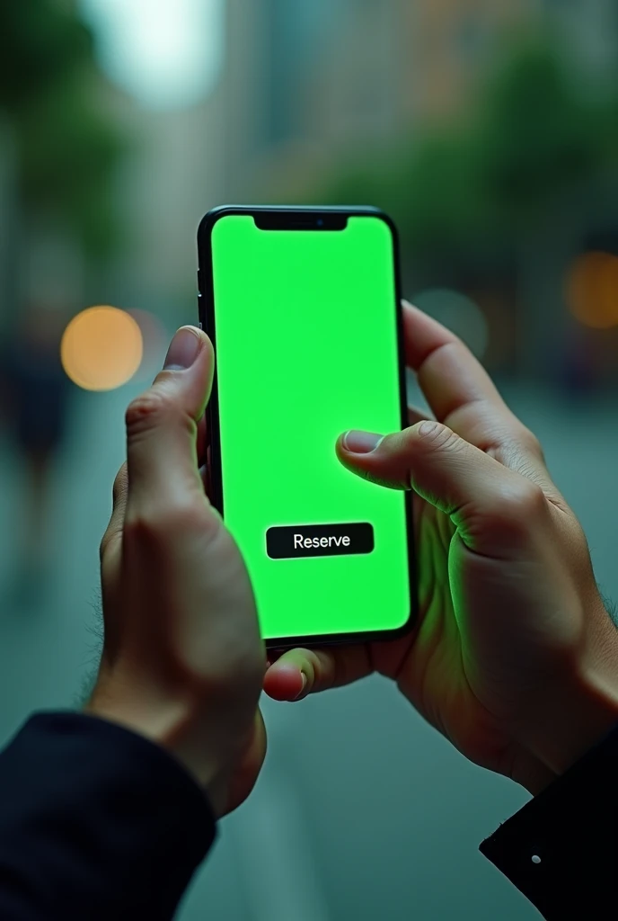 Hands clutching a phone where you can see a green-themed banking app and also with a button at the bottom of the screen that says "Reserve "
