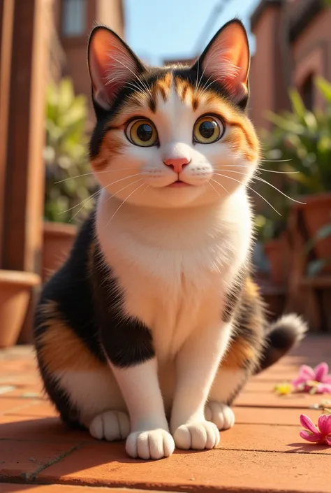 A cute and unique illustration of a fat calico cat from behind