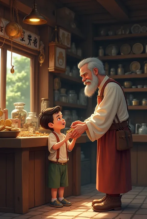 "The uncle handing a few coins to the boy, instructing him to come to the shop every day. The scene takes place in a modest, old-fashioned shop with a wooden counter. The boy looks hesitant but grateful, and the uncle is calm and reassuring. The background...