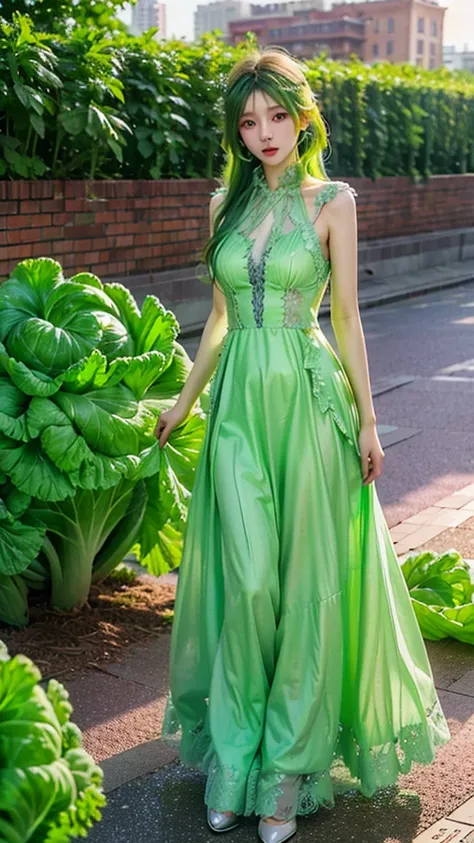 Masterpiece, super detailed, highest image quality, 1 girl, solo, long green hair, cabbage dress, exquisite jewelry, outdoor, BAIZE_MARS,