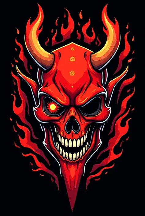 A stylized, graphic design featuring a fierce, red oni mask with a cybernetic eye and skull-like features, set against a black background; the design is characterized by bold lines, strong color contrast, and dynamic flames surrounding the mask.t-shirt 