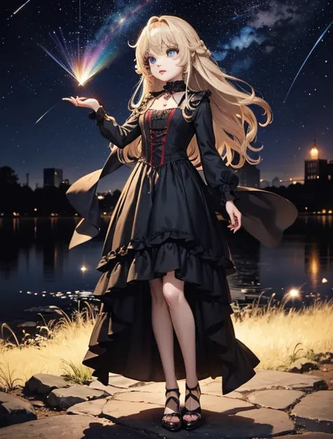 Wrapping light around your fingertips. Rainbow shooting star. (Full body Wide Dynamic Shot, Anime:1.5, Lolita:1.4, Gothic:1.4,  Rococo:1.4), 
Pure white hair, Longest hair, Abnormally long wavy hair, Side hair, Side curls, Hair between the eyes, Golden eye...