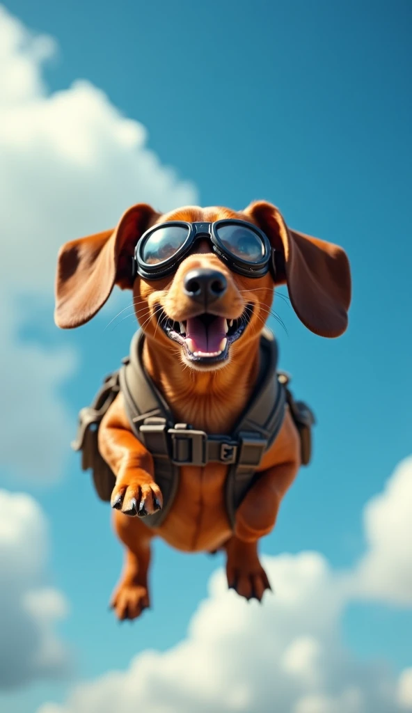 A dachshund wearing aviator goggles and a back pack, appearing to be flying, against a vibrant blue sky filled with fluffy white clouds;  the scene is shot from a low angle, emphasizing the dogs joyful expression and the dynamic action.