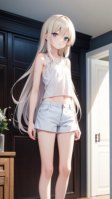 White Long Haired Twelve-Year-Old Teen， white shirt ，Bare arms，Flat chest， slim figure，shorts，Thin legs，Standing，Inside the house ， high resolution,  High Quality , 