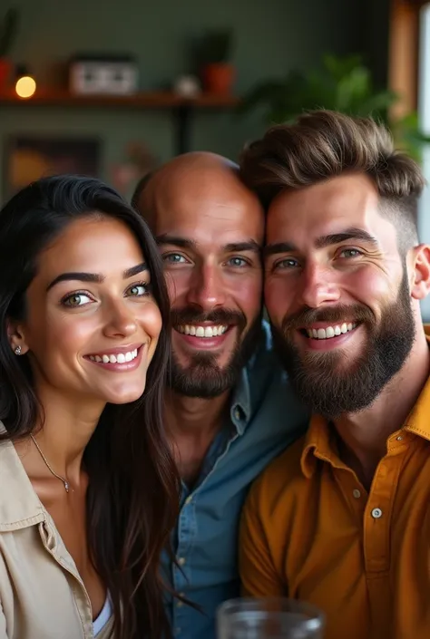 Group of young friends from 26 to 30 years old, a brunette woman with green eyes, a bald man with beards and a man with a beard and a long polo shirt. 