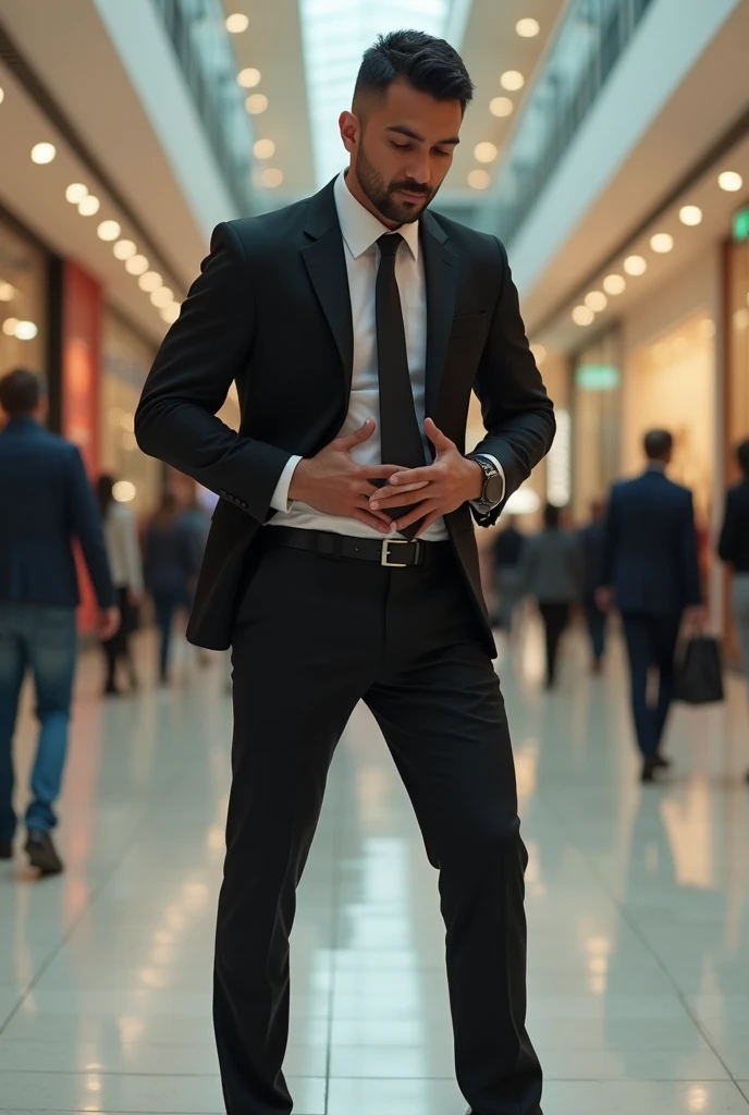 At the shopping mall，Handsome young businessman，Sexy and charming，Brazilian man，Mens crotch testicles hurt a lot，Man bends down ，Hold the crotch testicles with both hands， holding crotch testicles with both hands 。Black leather shoes，Black socks，Black suit...