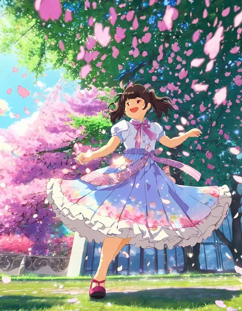 Rain of petals, petals dancing in the wind, rose flower. Adorable and cute girl, short gothic lolita outfit, twirling happily, lifting skirt hem with hand, laughing happily, partially visible panties, vibrant colors, Shangri-La setting, fairy tale, castle ...