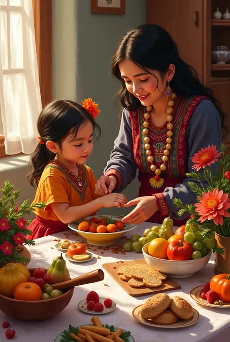 Picture in drawing,  The same girl in the previous image with her mother,  decorating the table with flowers, fruits, Mazamorra , Chicha,  wheat soup ,  tanta wawas  (Loaves)