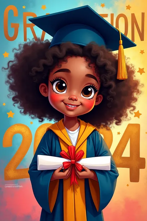  “Create an illustration of a cartoon girl with curly hair (Colochito), dark-skinned ,  dressed in a black graduation cap with a yellow tassel .  The girl must be holding a diploma wrapped with a red ribbon . Under the drawing,  include the text 2024 in la...