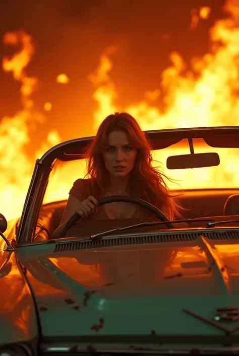 Orange-haired, brown-eyed woman in a Cadillac driving through fiery flames