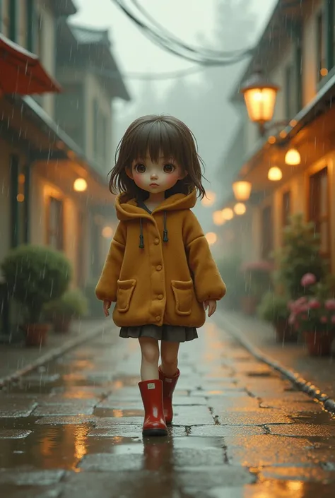 Cute brown-haired girl walks in the rain in a nostalgic way 