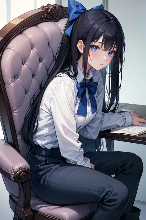 A high school student ， Has long, dark hair ， with warm blue eyes  ， Wore a fresh blue suit and black boots，  pure white collar and bright green bow 。  has long dark hair and warm blue eyes ， sitting in a chair 。