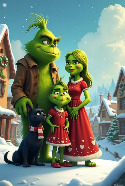 Grinch family dad , Grinch mom , Grinch daughter teenage woman,  pets black dog 