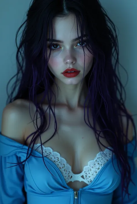 completely black eyes,  a pointy little nose and red lips fascinated her eyes .

 Wet dark purple hair reached up to the waist and shoulders ,  with wavy and voluminous fringes on her forehead , accentuating her beauty .

 The white, supple outline of her ...