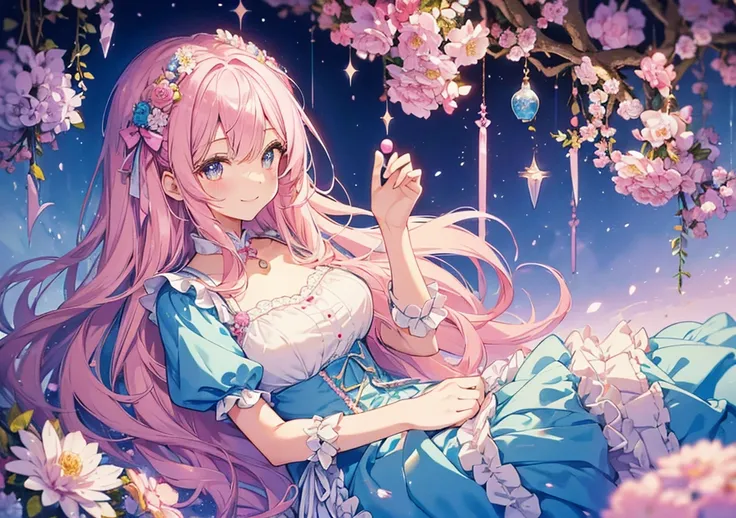 A close-up illustration of a beautiful girl inspired by "Alice in Wonderland." She has soft pastel pink hair decorated with floral ornaments and delicate lace. Her cheerful smile and sparkling anime-style eyes exude happiness. The background features a can...