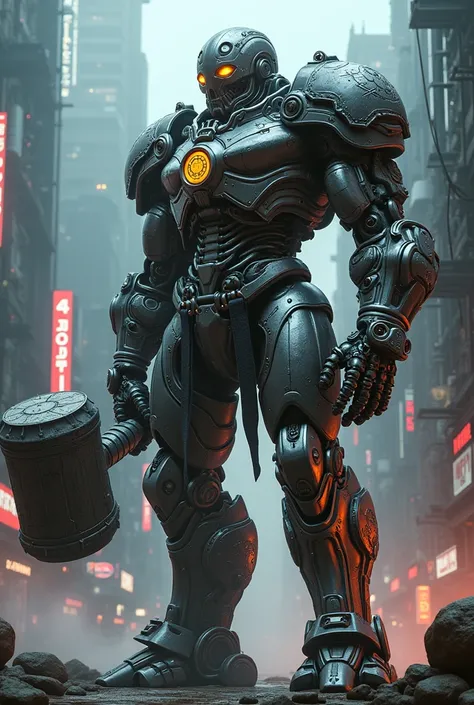 A tall smithman, like the final boss, exo scelaton, cyberpunk,armoured,  thor hammer in the hand. 
