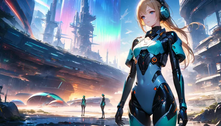 a highly detailed and realistic 8K masterpiece of a slim female android android with a small butt wearing headphones, standing in front of a futuristic factory on an alien planet with visible aurora and blue sky, showcasing advanced technology and high-tec...