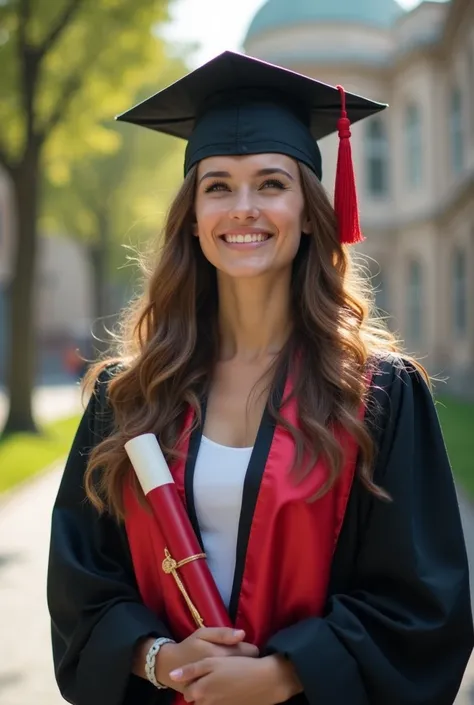 real University girl wearing graduation out wear holding the degree holder & very excited and thinking a answer which country to apply for study aboard also with university background 