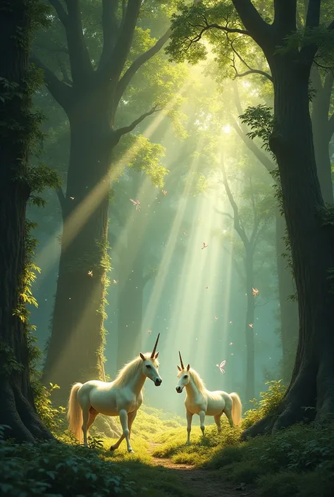 An enchanted forest with giant trees and luminous ,  fairies flying among the branches and unicorns grazing in the clearing.