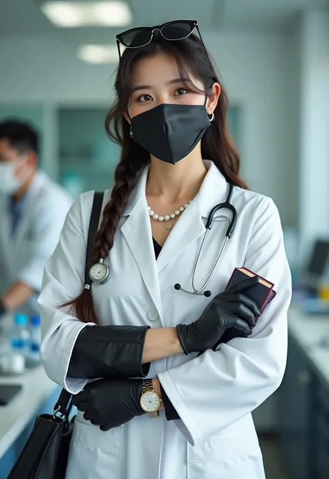 Street Portrait photo of young and elegant korean female playful beautiful  attractive dentist wearing a half arm doctors white suit , wearing a tied waist black shiny leather belt, wearing a black shiny leather gloves , wearing a black shiny leather medic...