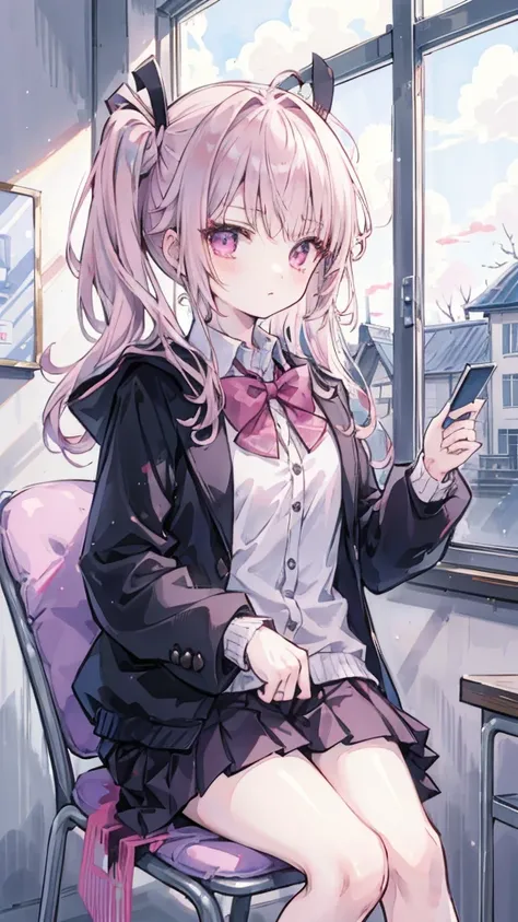 Kyoko DG, 1 Girl, tie,  unique , jacket, shirt,  View Audience, Long sleeve, white shirt, collared shirt,  sitting in a chair , classroom, Pink blood,