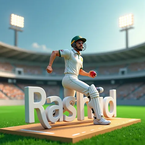 "Rashid" name in 3d, on the cricket ground, A bowler, "Rashid 19" on the jersey of player