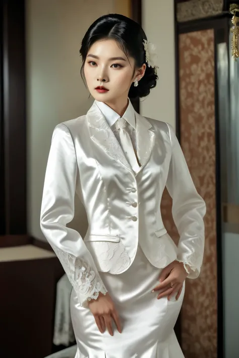 A Korean man in ladies vintage suit dress, big breast like a woman, slender female body, His hairstyle is short and manly, white, satin, long sleeves, lace decorated costume, short jacket, mermaid skirt, silk