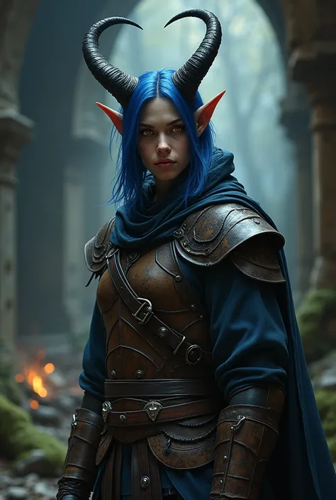 A tiefling with black horns, medium length blue hair , golden eyes and leather armor
