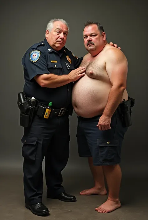 a very fat and old cop with a huge belly who stands next to the naked boy and hugs the policeman tightly and pees on the policemans belly