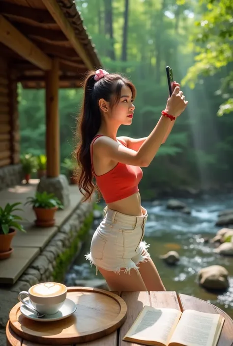 High angle shot, 4K professional photography of a young Asian woman beauty pose stands, holding her iphone 14PRO up to take a selfie. She is wearing a white very shorttest ripped peach skirt, a red tank top, and a red bracelet. Her hair is long and cascade...