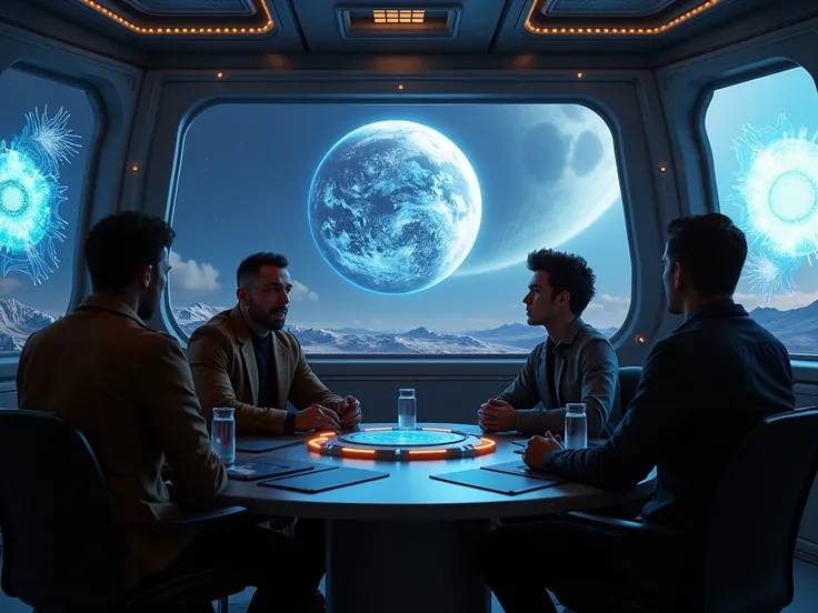 Scenery:  The crew debating in a control room inside the ship .
Key elements:

 Holograms showing the planets energetic core and its potential for impact.
Alex and Zia discuss in a heated argument ,  while Drayk and Kian watch worriedly .
 Background with ...