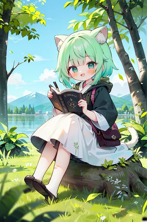 masterpiece,  best quality,, 1 Girl, Sitting, animal, animal ears, bird, black_hair, Book, Bookmark,  branch, Gloves, Grass, green hair, Hold, Hold Book, hood, hood down, leaf,  View Audience, multicolored hair, oPen_Book, partially fingerless Gloves, Pen,...