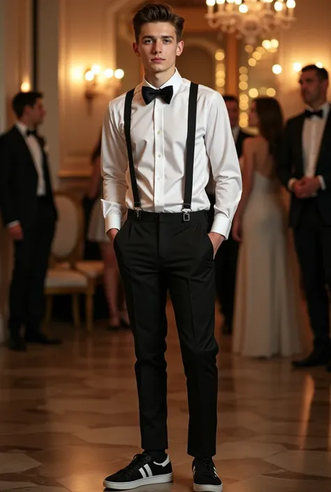 Real male teenager of 1. 65cm tall sneakers with white formal shirt, black straps, black bow,  tight black pants ,  black sneakers with white stripes, at a formal party 