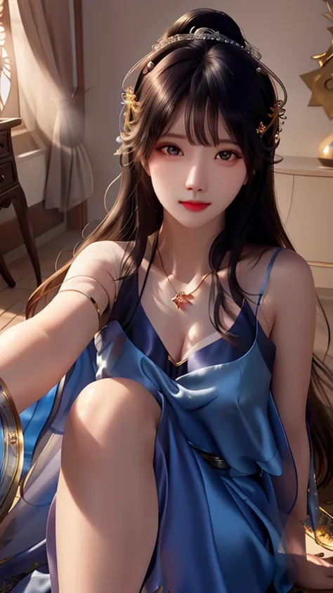 best quality, masterpiece, highres, 1girl, china wedding dress, dark blue dress highlight, hair ornament, necklace, jewelry, Beautiful face,upon body, tyndall effect, photorealistic, dark studio, rim lighting, two tone lighting, (high detailed skin:1.2), 8...