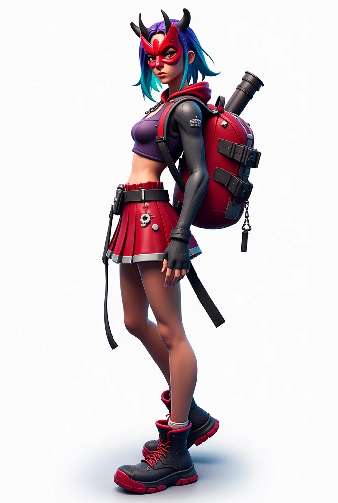 FORTNITE Female avatar in modern Japanese clothing with backpack and colored hair in Fortnite style. fondo blanco,  High Definition ,  top quality , full body with red oni mask