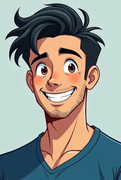 young man,  math teacher, dressed in a blue shirt ,  white skin ,  black hair, with beard,  brown eyes , thick eyebrows, handsome,  mode smiling but showing no teeth,  Animated Style , Anime girl!